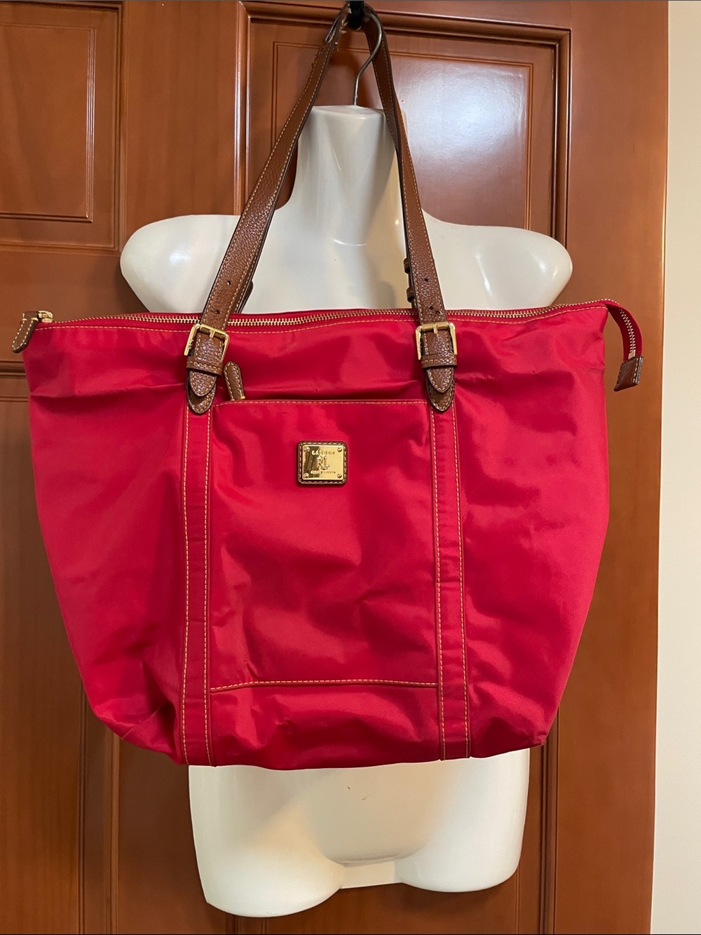 Distressed—Ralph Lauren Red Nylon Tote with Brown Leather Handles (no discount)
